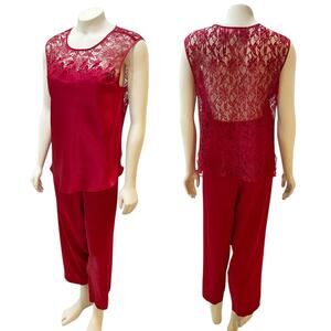 Oscar de la Renta Red Two Piece Satin Pajama Set Lace Back Large